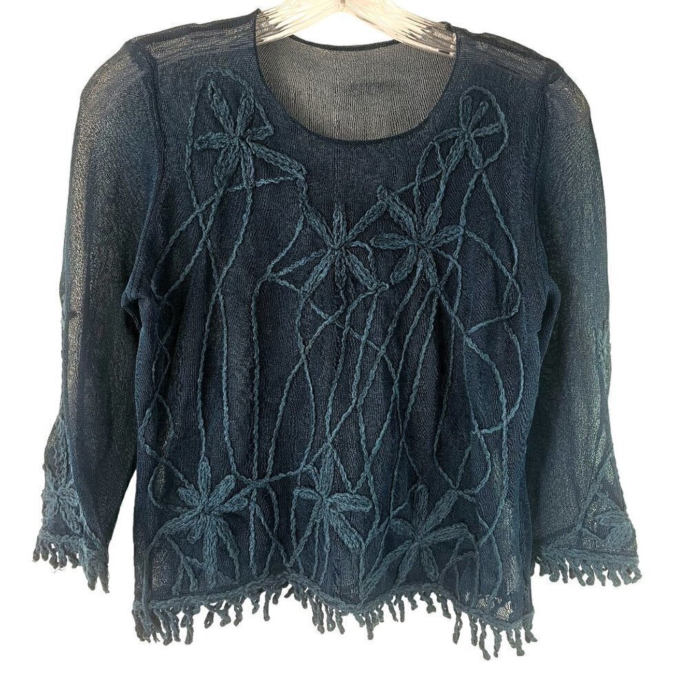 Italian Sheer Embroidered Knit Top 3/4 Sleeve Nylon Rayon Fringed Women S/M Teal